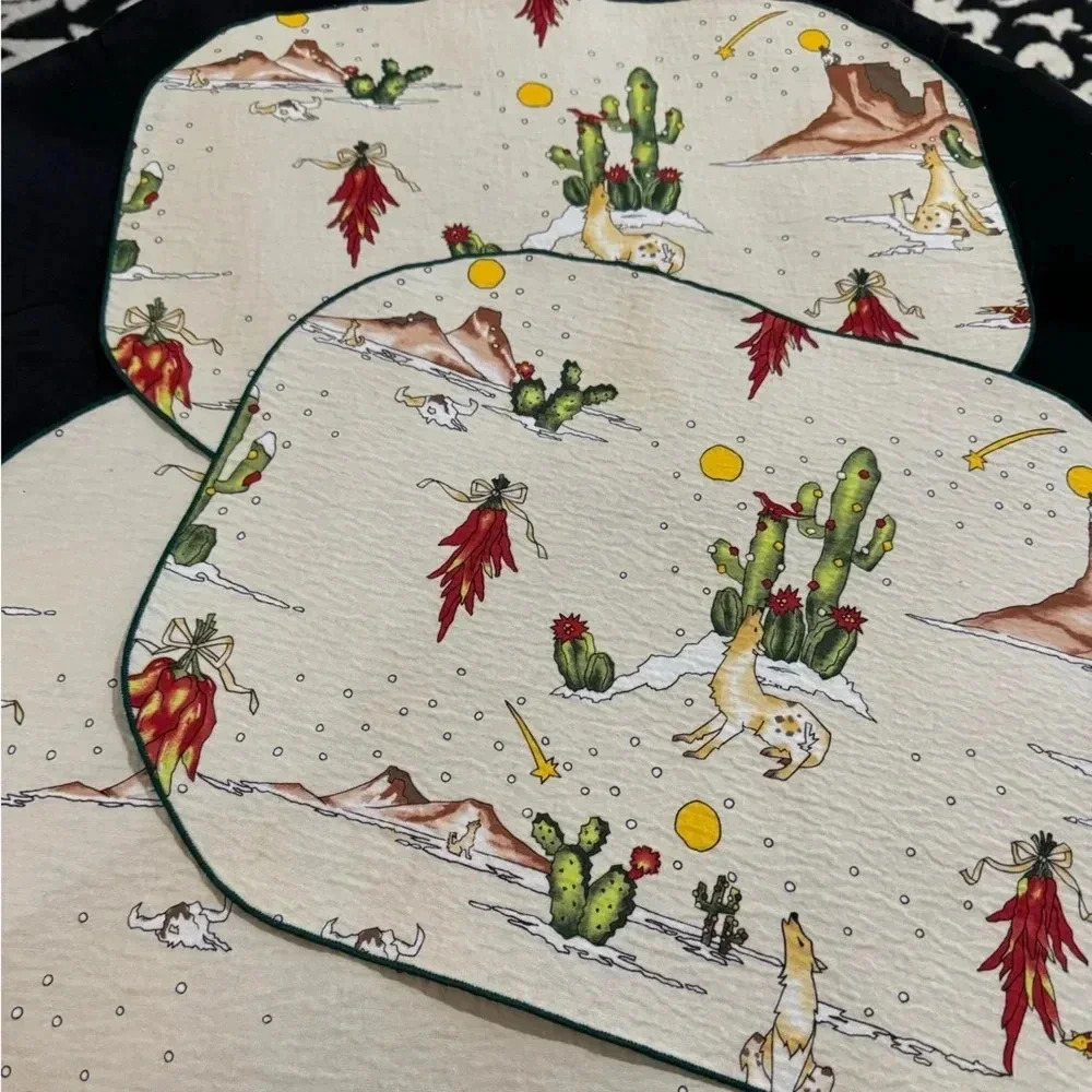 VTG Southwestern Christmas Coyote Placemats Set of 3 Native American Cactus 90s - Picture 12 of 15
